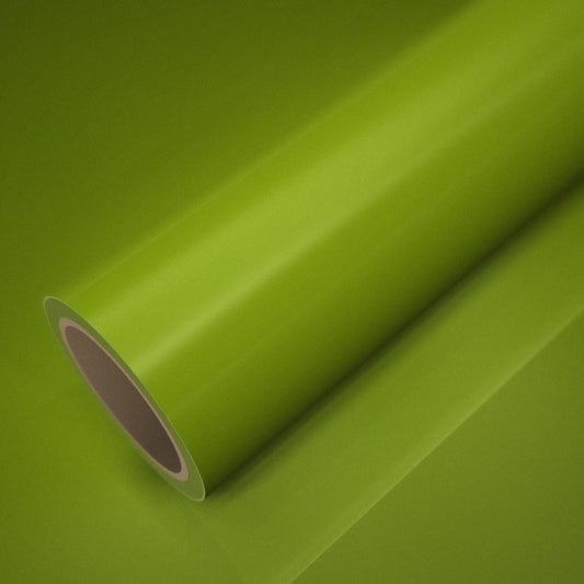 Rollo de vinilo ICR® amarillo verdoso fluorescente brillo sobre una lámina del mismo vinilo